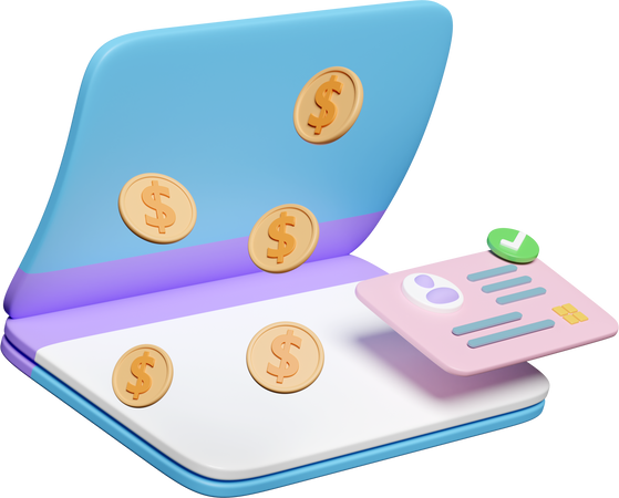 3D Open a Bank Account with Proof of ID Card, Passbook, Dollar Money Coins Isolated. 3D Render Illustration