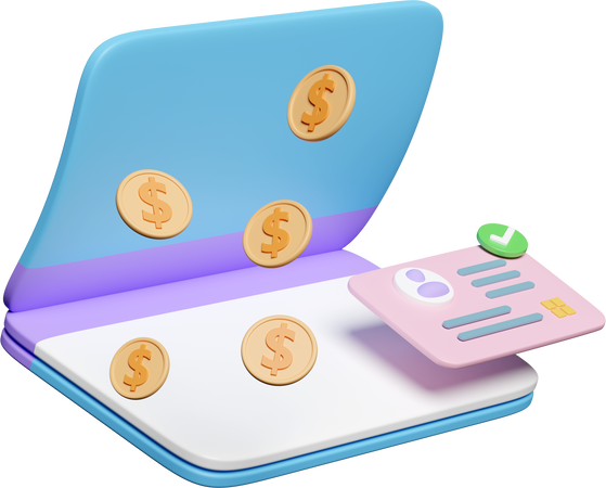 3D Open a Bank Account with Proof of ID Card, Passbook, Dollar Money Coins Isolated. 3D Render Illustration